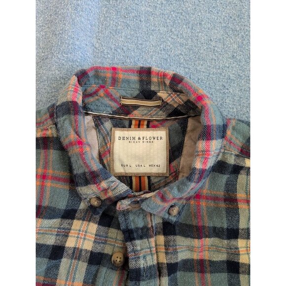Denim & Flowers Plaid Button Down Collar Mens L Ricky Singh Pocket Cotton EUC - Picture 2 of 4